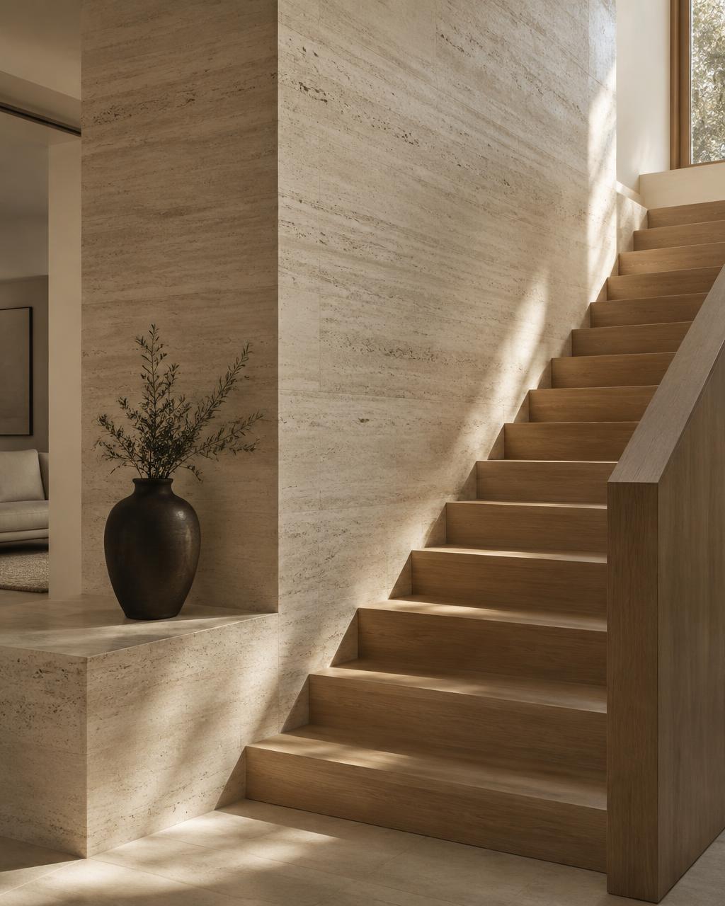 Travertine and oak interior with soft afternoon light