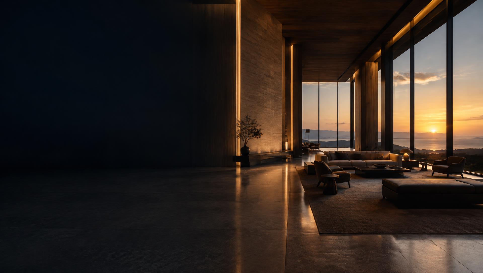 Minimalist hotel lobby at dusk with floor-to-ceiling windows