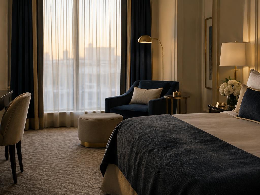 Boutique hotel suite with brass lighting and tailored upholstery