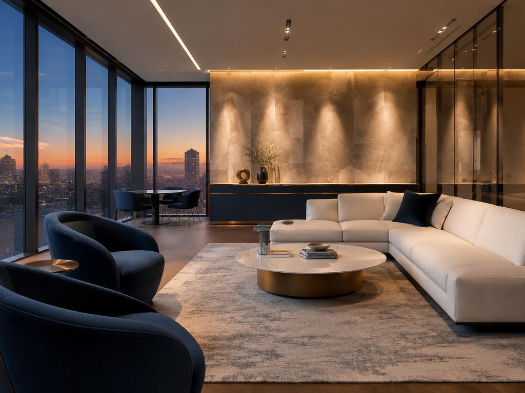 Premium commercial office lounge at dusk