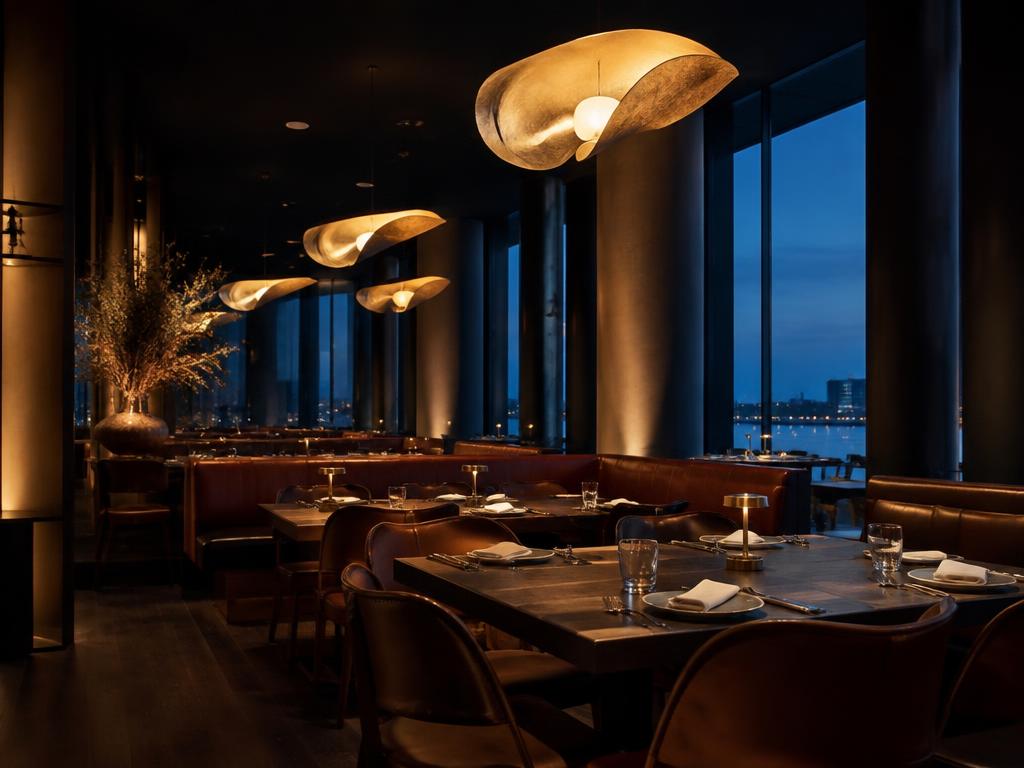 Upscale restaurant dining room with sculptural pendant lighting