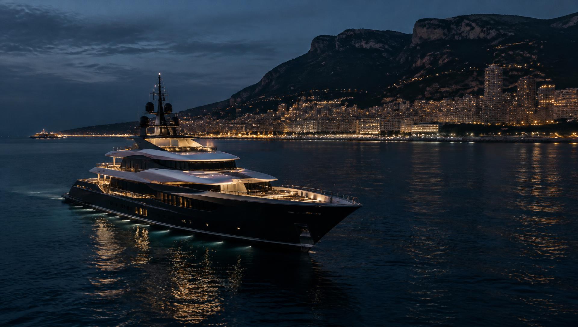 Luxury yacht off the coast of Monaco at blue hour